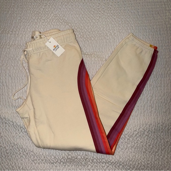 Marine Layer Cloud 9 Anytime Sweatpant Rainbow Striped Antique White NWT - Picture 2 of 9